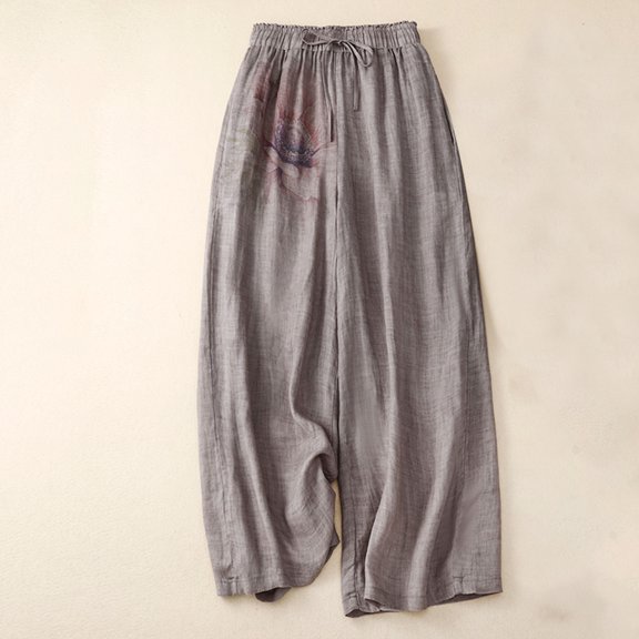 Karight Linen Pants for Women Cotton Baggy Boho Casual Palazzo Pants Wide Leg Long Lounge Trousers with Pockets Gray