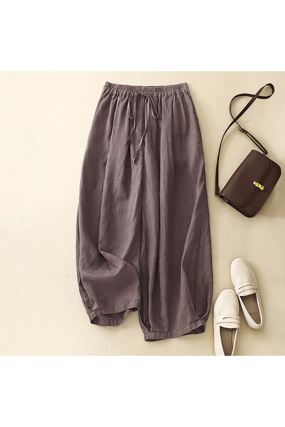 Linen Pants for Women Cotton Baggy Boho Casual Palazzo Pants Wide Leg Long Lounge Trousers with Pockets Purple