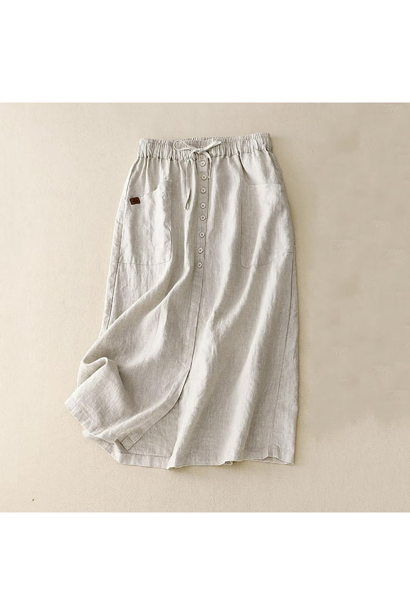 Linen Skirts for Women Spring Summer A Line Flowy Casual Drawstring High Waist Button Down Midi Skirts with Slit