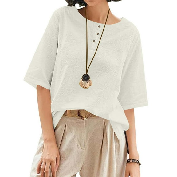 Karight Linen Tops for Women 3/4 Sleeve Crew Neck Cotton Shirts Casual Jacquard Boho Blouse