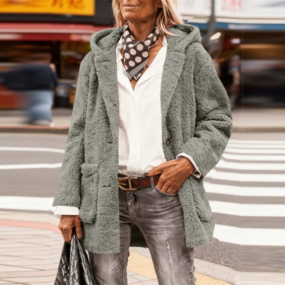 Karight Long Fleece Jacket Women Hooded - Sherpa Lined Trench Coat with Hood Long Sleeve Button Down Sherpa Cardigan