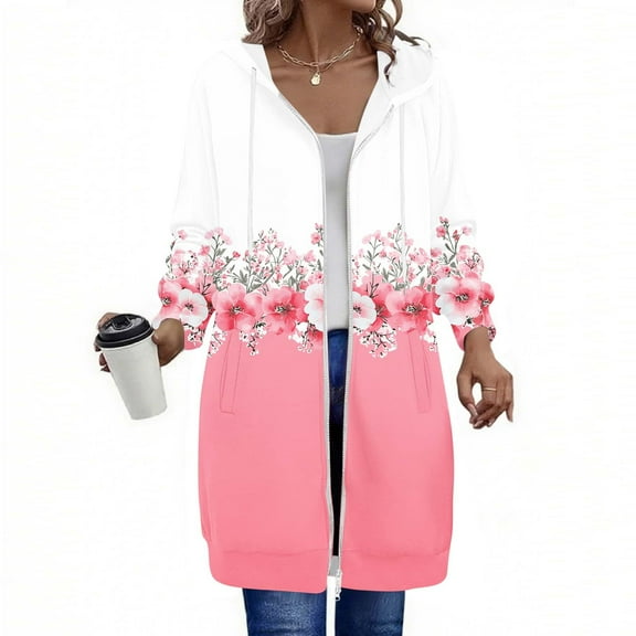 Karight Long Hoodies for Women Zip Up Double Zipper Fleece Jacket Tunic Sweatshirts Fall Winter Fashion Clothes