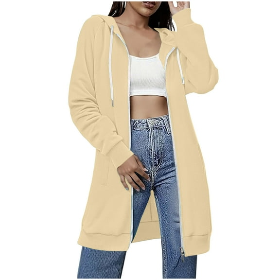 Karight Long Hoodies for Women Zip Up Fleece Oversized Long Sleeve Sweatshirt Winter Warmy Hoodie Dress with Pockets