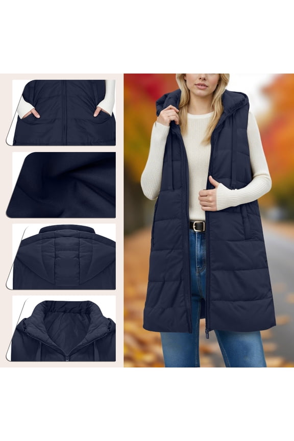 Long Puffer Vest Women Quilted Hooded Sleeveless Zip Up Jacket Casual Fall Coat with Pocket Lightweight Outerwear