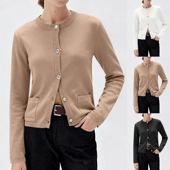 Karight Long Sleeve Crewneck Button Down Womens Sweaters Spring Open Front Lightweight Cardigan Sweaters with Pockets
