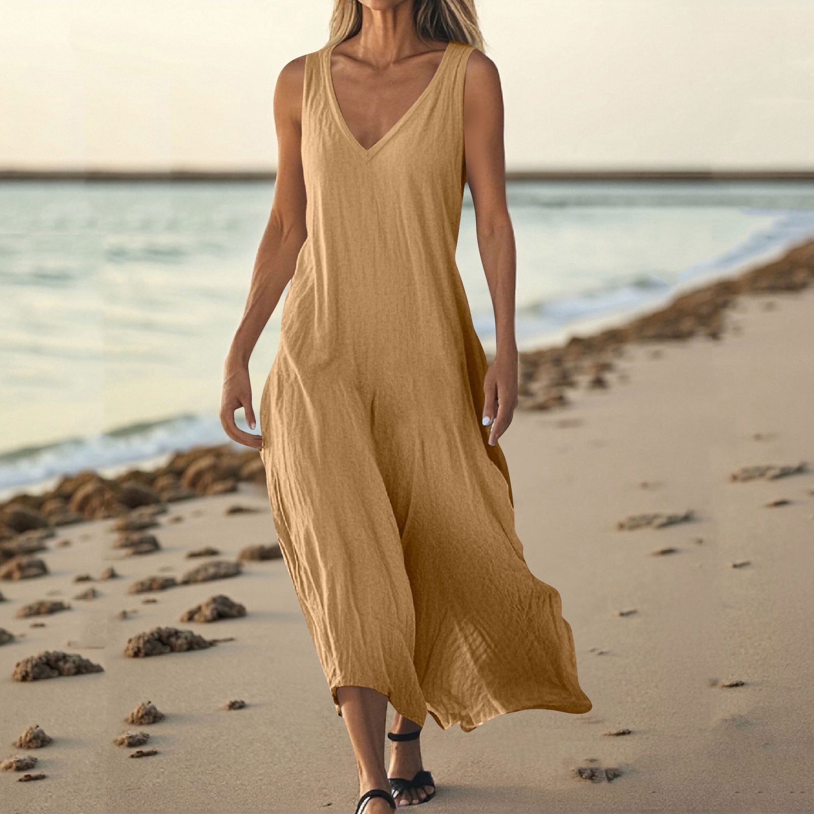 Karight Maxi Linen Dresses for Women Casual Summer Short Sleeve V Neck  Gauze Dress Loose Long Flowy Dresses Vacation - Walmart.com