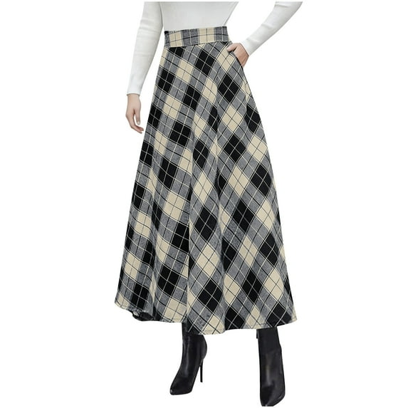 Karight Maxi Plaid Skirt High Elastic Waist A-line Vintage Flowy Winter Warm Long Skirts for Women with Pocket