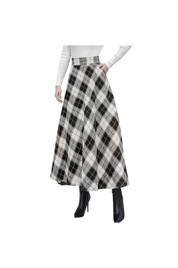 Maxi Plaid Skirt High Elastic Waist A-line Vintage Flowy Winter Warm Long Skirts for Women with Pocket