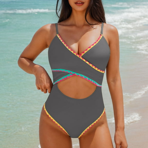Karight Monokini Swimsuits for Women One Piece Tummy Control High Cut Bathing Suit Color Block Criss Cross Cutout Swim Suits
