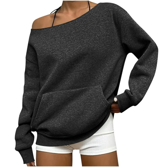 Karight Off the Shoulder Sweatshirt for Women Trendy Oversized Cute Sweatshirts Fall Travel Plain Hoodie with Pocket