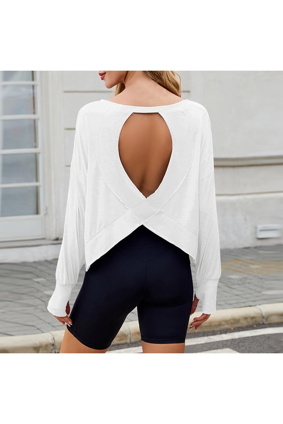 Open Back Tops for Women Long Sleeve Athletic Shirts Backless Gym Yoga Workout T-Shirt Trendy Blouses with Thumb Hole