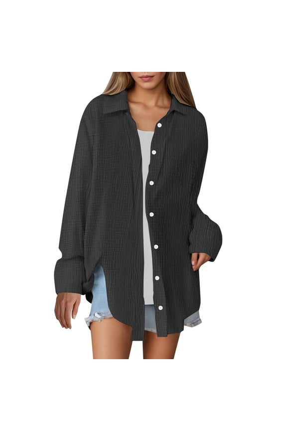 Oversized Button Down Shirts for Women Long Sleeve Cute Summer Tops Dressy Collared Side Slit Work Blouse Cardigan