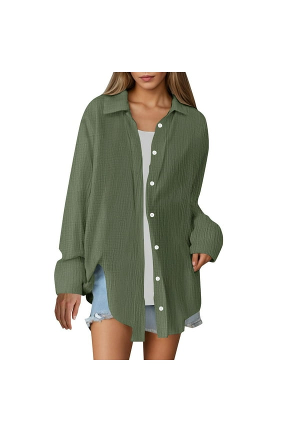 Oversized Button Down Shirts for Women Long Sleeve Cute Summer Tops Dressy Collared Side Slit Work Blouse Cardigan