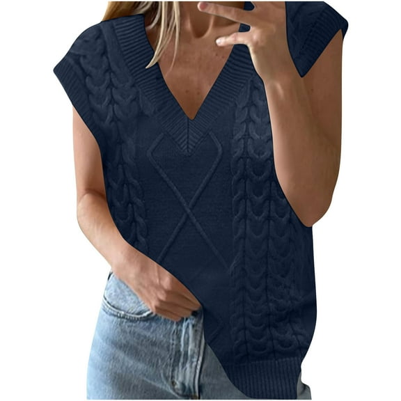 Karight Oversized Cable Knit Sweater Vest for Women V Neck Sleeveless Solid Color Loose Pullover Sweaters Loose Trendy Tops