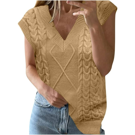 Karight Oversized Cable Knit Sweater Vest for Women V Neck Sleeveless Solid Color Loose Pullover Sweaters Loose Trendy Tops