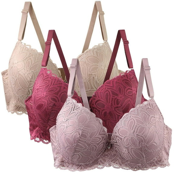 Karight Pack of 3 Push Up Bras for Women Add 2 Cups Sexy Lace Cleavage Extra Padded Plunge Bra Underwire