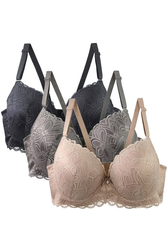 Karight Pack of 3 Push Up Bras for Women Add 2 Cups Sexy Lace Cleavage Extra Padded Plunge Bra Underwire