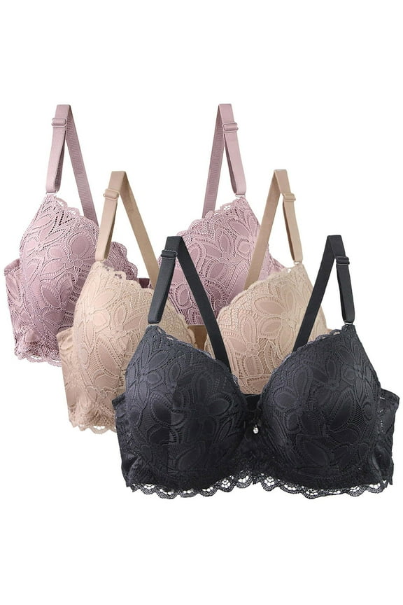 Karight Pack of 3 Push Up Bras for Women Add 2 Cups Sexy Lace Cleavage Extra Padded Plunge Bra Underwire