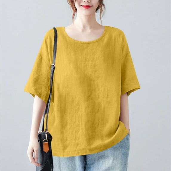 Karight Plus Size Cotton Linen Shirts for Women Short Sleeve Crewneck Blouse Basic Solid Color Tops Lightweight Tees