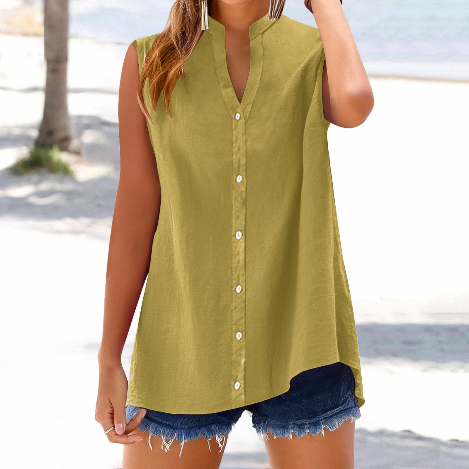 Plus Size Linen Cotton Blend Top With Feather Print Half Sleeves And Button Front Khaki Beige