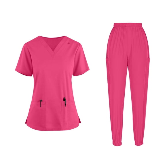 Karight Scrub Sets for Woman Essential Jogger Scrub Set Nursing Uniform Stretch V-Neck Top & Drawstring Cargo Pants