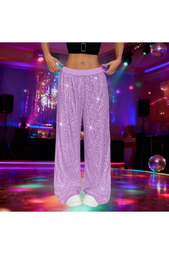 Sequin Pants Women Stretchy High Waist Wide Leg Sparkle Shiny Pant Casual Loose Glitter Trousers Bling Party Clubwear