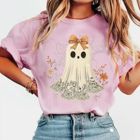 Karight Shirts for Women Bow Ghost Shirt Cute Spooky Tshirt Fall Flower Graphic Tees Casual Short Sleeve Tops