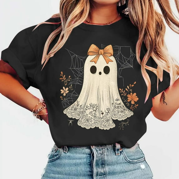 Karight Shirts for Women Bow Ghost Shirt Cute Spooky Tshirt Fall Flower Graphic Tees Casual Short Sleeve Tops