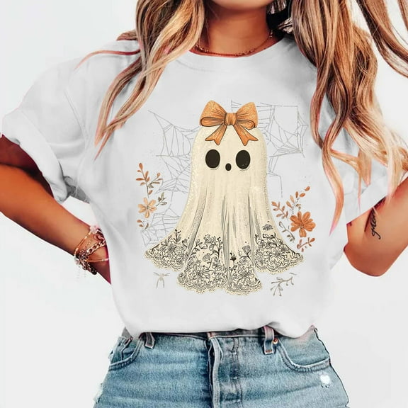 Karight Shirts for Women Bow Ghost Shirt Cute Spooky Tshirt Fall Flower Graphic Tees Casual Short Sleeve Tops