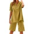 thumbnail image 1 of Karight Shorts Sets Women 2 Piece Cotton Linen Summer Outfits Button Up V Neck Short Sleeve Tops Bermuda Shorts Lounge Sets, 1 of 2