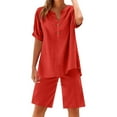 thumbnail image 1 of Karight Shorts Sets Women 2 Piece Cotton Linen Summer Outfits Button Up V Neck Short Sleeve Tops Bermuda Shorts Lounge Sets, 1 of 2