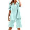 thumbnail image 1 of Karight Shorts Sets Women 2 Piece Cotton Linen Summer Outfits Button Up V Neck Short Sleeve Tops Bermuda Shorts Lounge Sets, 1 of 2