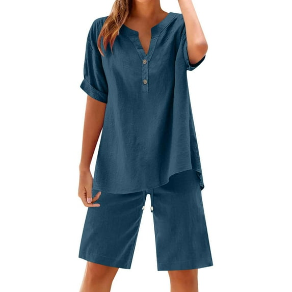 Karight Shorts Sets Women 2 Piece Cotton Linen Summer Outfits Button Up V Neck Short Sleeve Tops Bermuda Shorts Lounge Sets