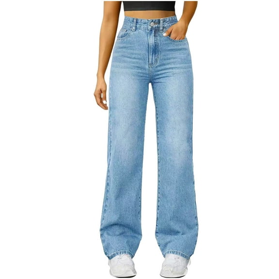 Karight Straight Leg Jeans for Women Trendy High Rise Tapered Flare Jeans Stretchy Wide Leg Denim Pants with Pockets