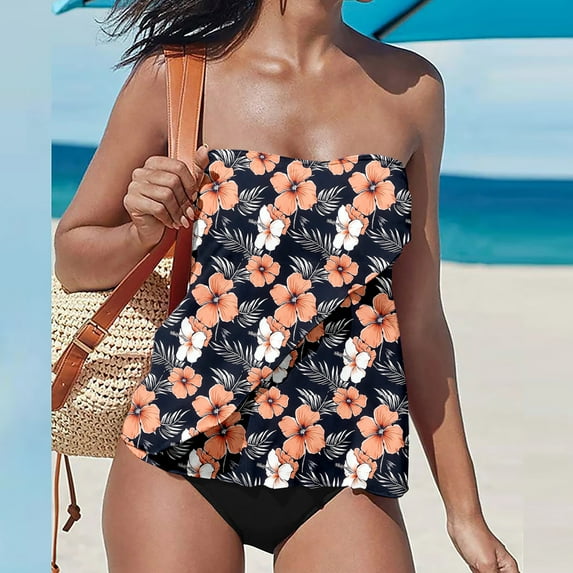 Karight Strapless Tankini Swimsuits for Women Tummy Control 2 Piece Bathing Suits Bandeau Blouson Swim Top with Bikini Bottom