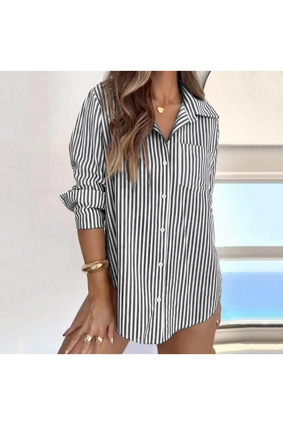Karight Striped Button Down Shirts for Women Dress Shirts Long Sleeve Casual Collared Office Work Shirt with Pocket