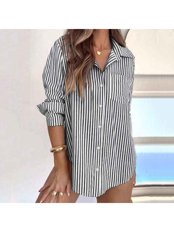 Striped Button Down Shirts for Women Dress Shirts Long Sleeve Casual Collared Office Work Shirt with Pocket