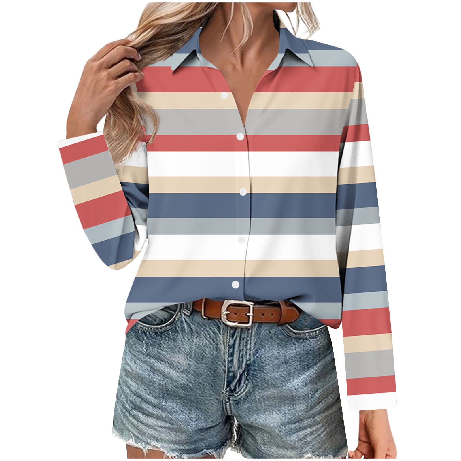 Karight Striped Button Down Shirts for Women Dress Shirts Long Sleeve ...