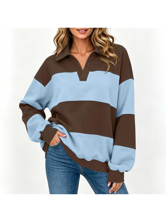 Striped Polo Sweaters for Women Oversized Knit Pullover