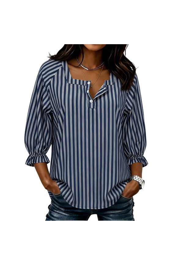 Striped Shirt Women Dressy Casual Square Neck Button Up 3/4 Raglan Sleeve Tops and Blouses with Ruffle Cuff