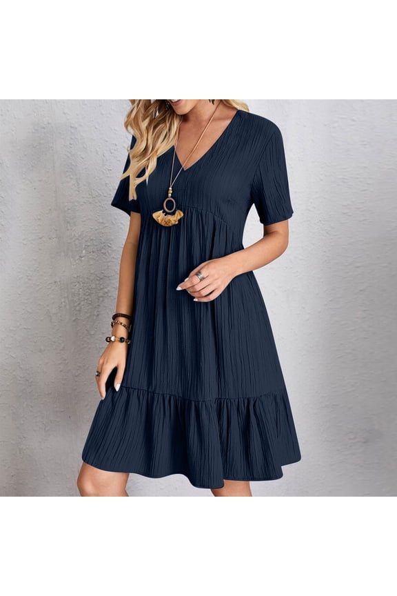 Summer Dresses for Women 2026 Vacation Short Sleeve V Neck Midi Swing Dress Tiered Ruffle A Line Flowy Beach Sundress