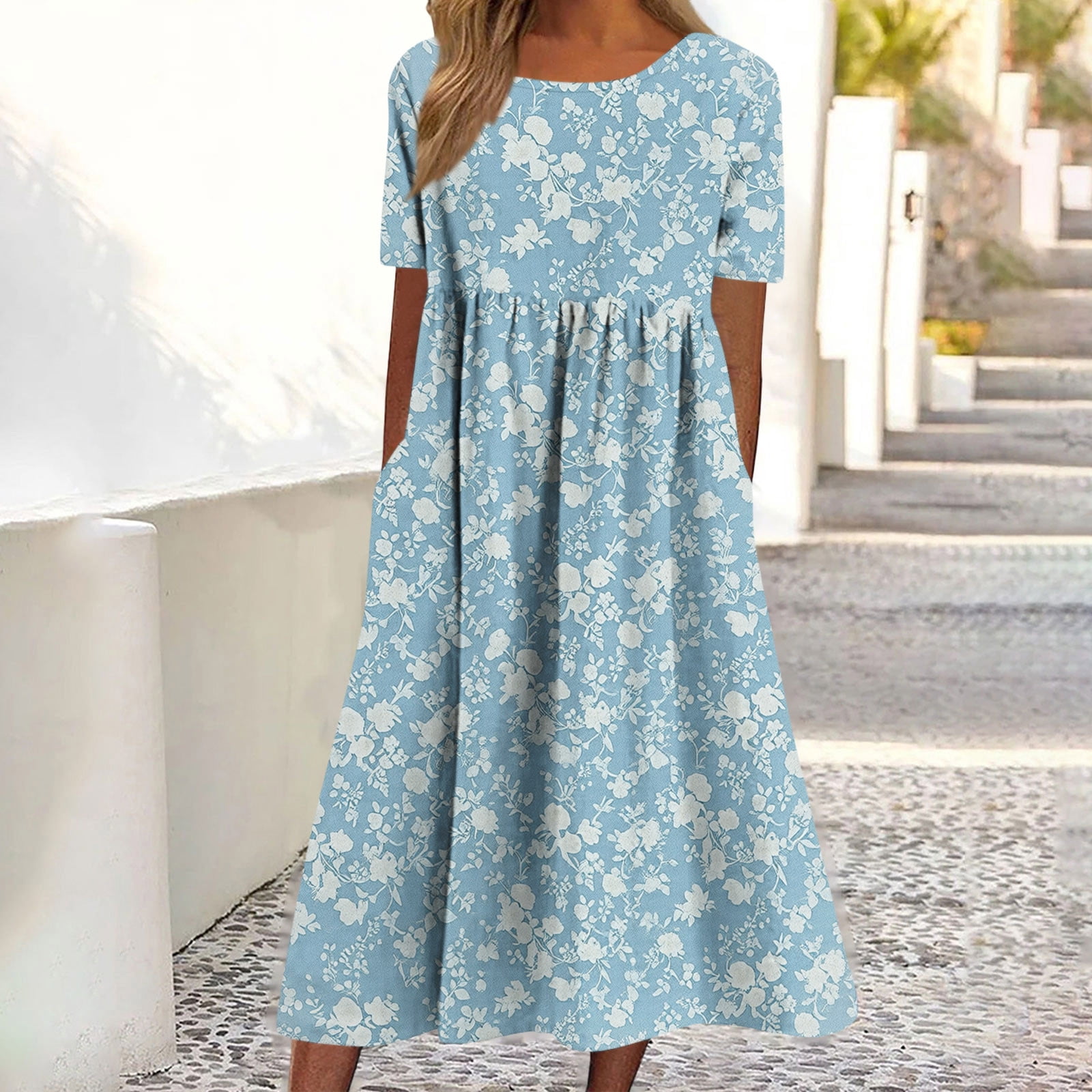 ANRABESS Women's Summer Midi Dress – Short Sleeve V-Neck A-Line Pleated Flowy Dress With Pockets