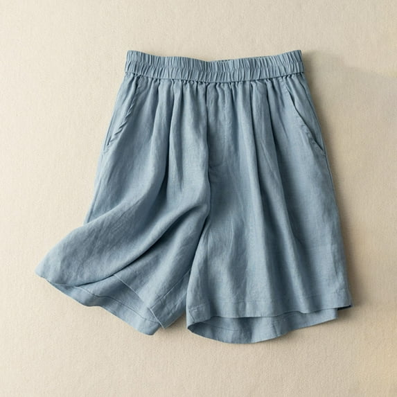 Karight Summer Wide Leg Linen Shorts for Women Elastic High Waisted Pleated Casual Loose Bermuda Shorts Blue