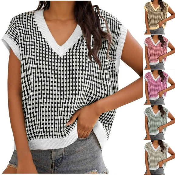 Karight Sweater Vest for Women V Neck Cap Sleeve Summer Fall Casual Plaid Print Tank Tops Pullover Fashion Loose Fit Blouse