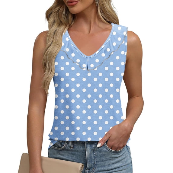 Karight Tank Tops for Women Polka Dot Ruffle Shirts Sleeveless Round Neck Tank Top Casual Summer Blouses Vest