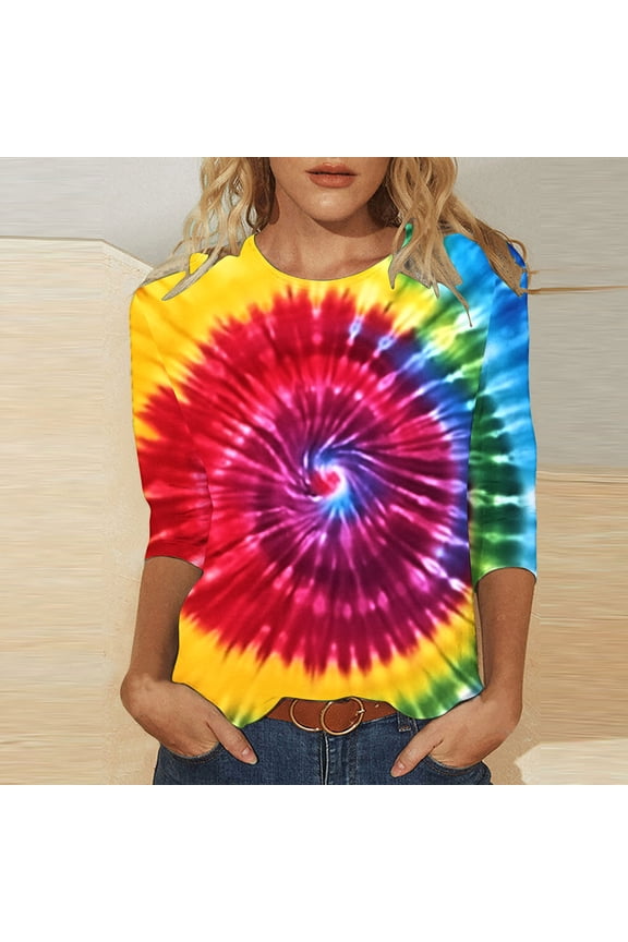 Tie Dye Shirts for Women 3/4 Sleeve Shirts Cute Print Graphic Tees Plus Size Basic Summer Casual Rainbow Tshirts Tops