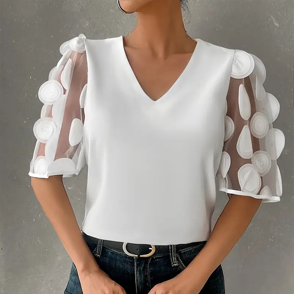 Karight Tops for Women Trendy Floral Lace Sleeve Round Neck Dressy Blouse Casual Summer Work Business Outfits