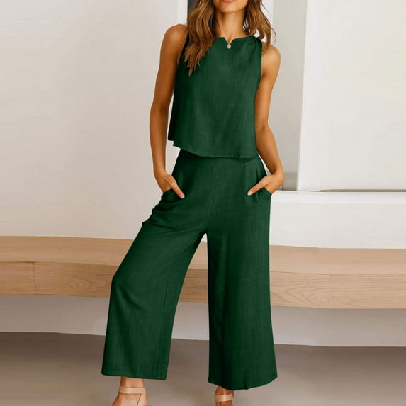 Karight Two Piece Linen Sets for Women Pants Casual Dressy Outfit Sleeveless Crop Tank Wide Leg Pants Sets Matching Loungewear