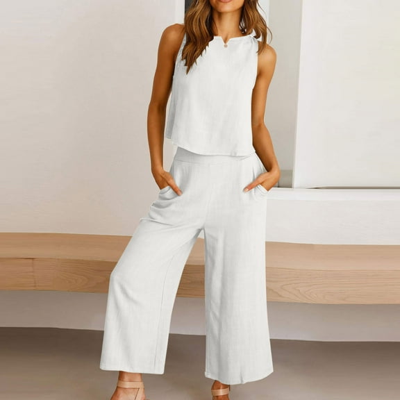 Karight Two Piece Linen Sets for Women Pants Casual Dressy Outfit Sleeveless Crop Tank Wide Leg Pants Sets Matching Loungewear