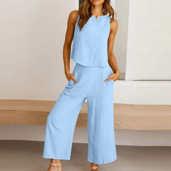 Karight Two Piece Linen Sets for Women Pants Casual Dressy Outfit Sleeveless Crop Tank Wide Leg Pants Sets Matching Loungewear